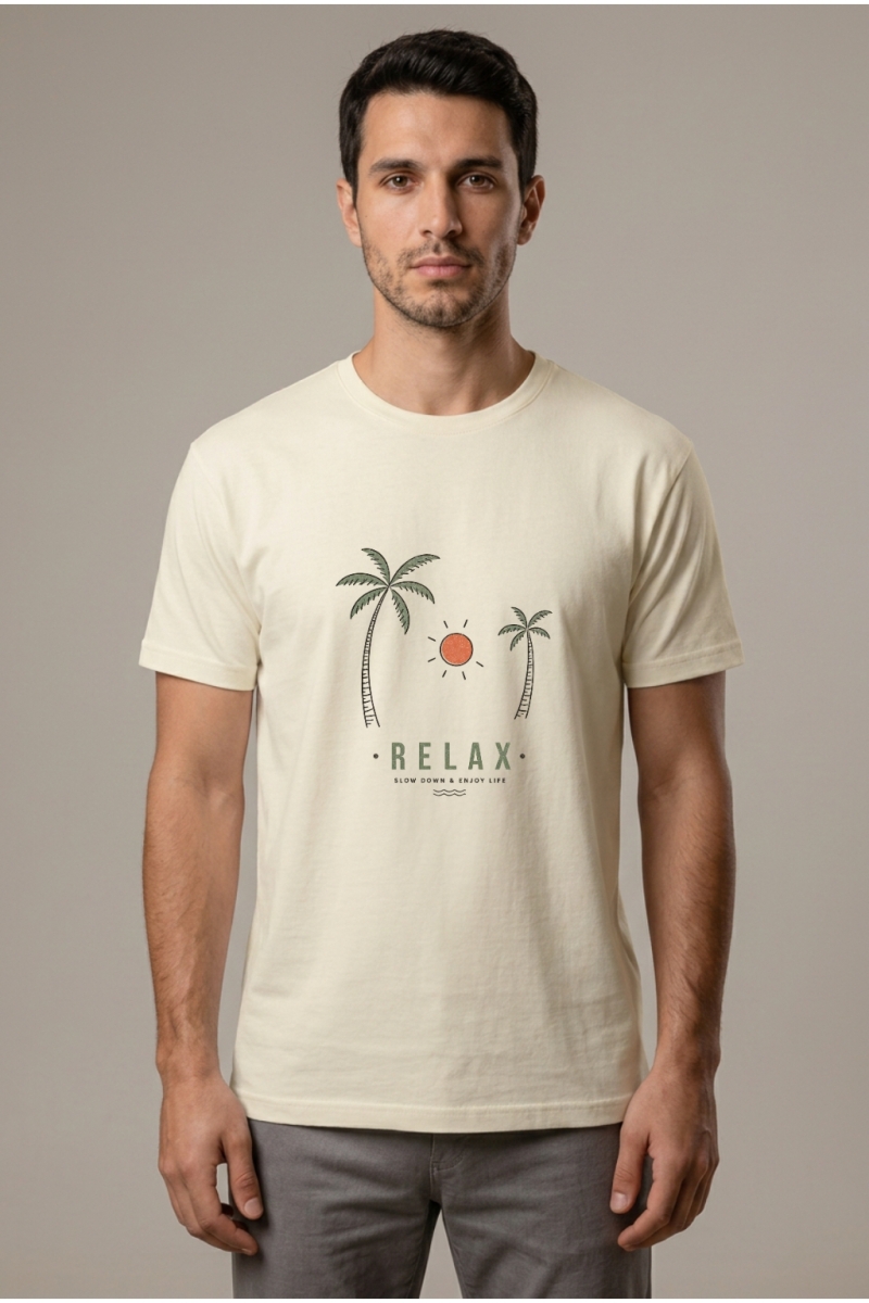 Relax Baskılı Baskılı Erkek Bisiklet Yaka Tişört Krem %100 Pamuk - Tisho