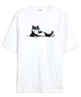 Relax - Uzanmış Kedi Beyaz Oversize Unisex Tişört - Tisho