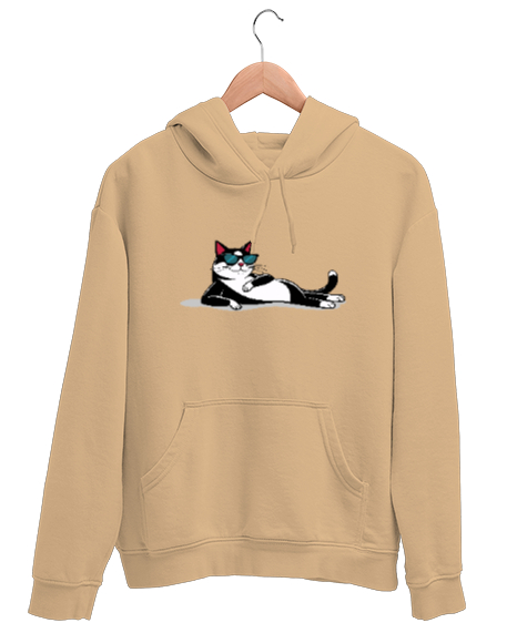 Relax - Uzanmış Kedi Camel Unisex Kapşonlu Sweatshirt - Tisho