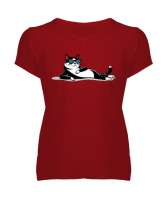 Relax - Uzanmış Kedi Kırmızı Kadın V Yaka Tişört - Tisho