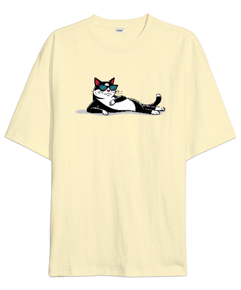 Relax - Uzanmış Kedi Krem Oversize Unisex Tişört - Tisho