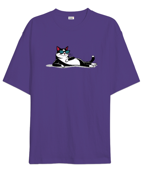 Relax - Uzanmış Kedi Mor Oversize Unisex Tişört - Tisho