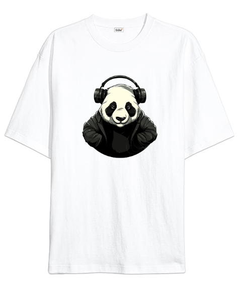 Relax ve Müzik Dinleyen Cool Panda Beyaz Oversize Unisex Tişört - Tisho