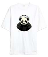 Relax ve Müzik Dinleyen Cool Panda Beyaz Oversize Unisex Tişört - Tisho
