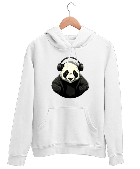 Relax ve Müzik Dinleyen Cool Panda Beyaz Unisex Kapşonlu Sweatshirt - Tisho