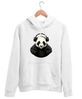 Relax ve Müzik Dinleyen Cool Panda Beyaz Unisex Kapşonlu Sweatshirt - Tisho