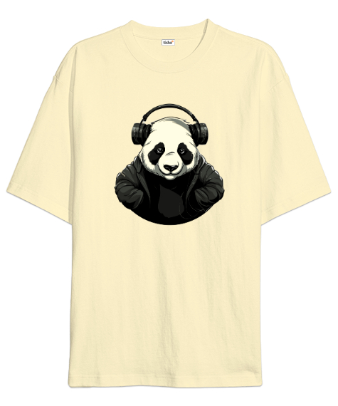Relax ve Müzik Dinleyen Cool Panda Krem Oversize Unisex Tişört - Tisho