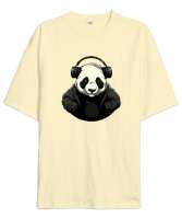 Relax ve Müzik Dinleyen Cool Panda Krem Oversize Unisex Tişört - Tisho