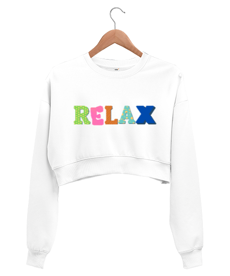 Tisho - Relax Yazılı Beyaz Kadın Crop Sweatshirt