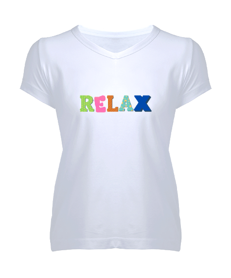 Tisho - Relax Yazılı Beyaz Kadın V Yaka Tişört