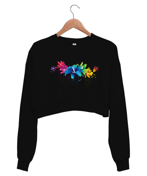 Tisho - Rengarenk Çiçekler Siyah Kadın Crop Sweatshirt