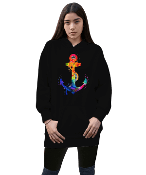 Tisho - Renk Çapası Kadın Uzun Hoodie Kapüşonlu Sweatshirt