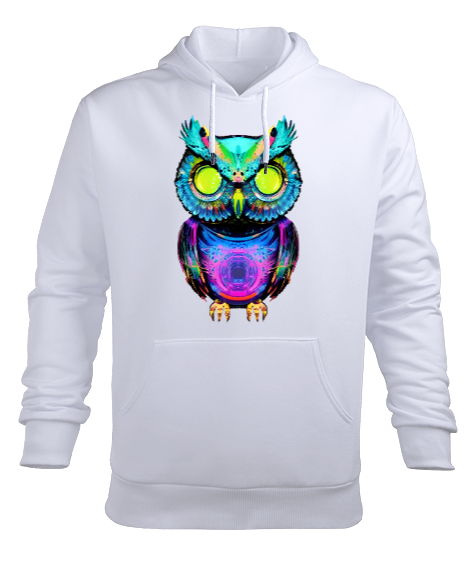 Tisho - renkli baykuş Beyaz Erkek Kapüşonlu Hoodie Sweatshirt