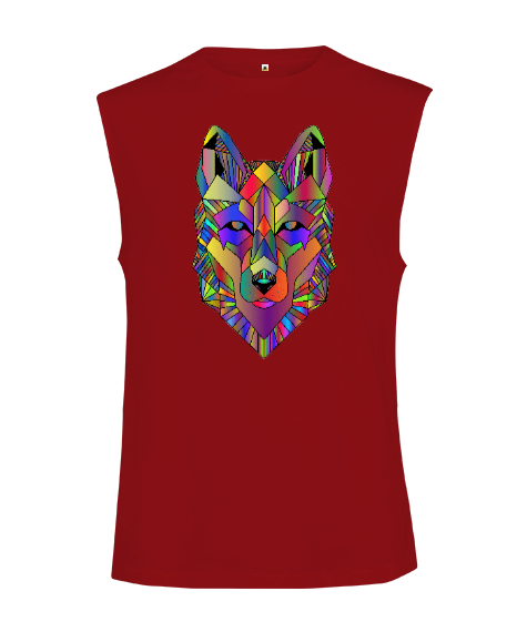 Tisho - Renkli Bozkurt Poligon Tasarımı Kırmızı Kesik Kol Unisex Tişört