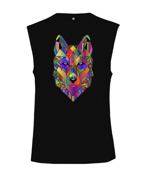 Tisho - Renkli Bozkurt Poligon Tasarımı Siyah Kesik Kol Unisex Tişört