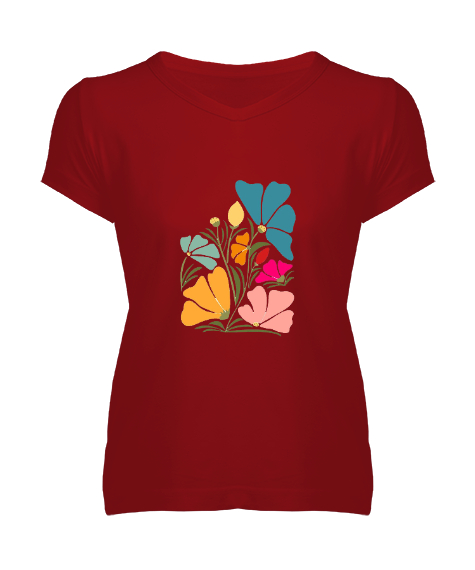 Tisho - Renkli Çiçek Görselli Kırmızı Kadın V Yaka Tişört