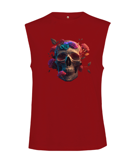 Tisho - Renkli Çiçekli Sanatsal Kurukafa Kırmızı Kesik Kol Unisex Tişört