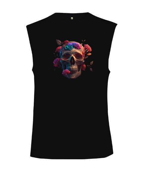 Renkli Çiçekli Sanatsal Kurukafa Siyah Kesik Kol Unisex Tişört