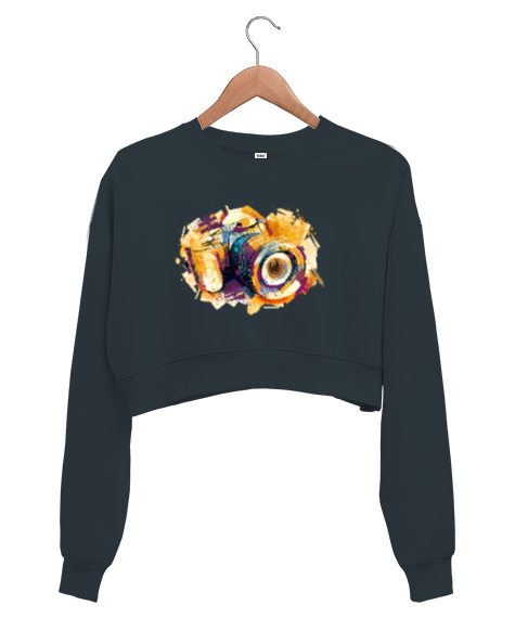 Tisho - Renkli Çizim Kamera Füme Kadın Crop Sweatshirt