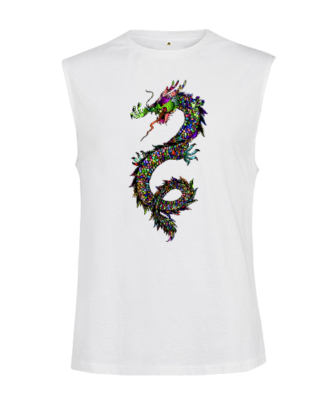 Tisho - Renkli Fantastik Güçlü Ejderha Beyaz Kesik Kol Unisex Tişört