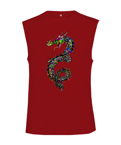 Tisho - Renkli Fantastik Güçlü Ejderha Kırmızı Kesik Kol Unisex Tişört