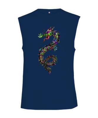 Renkli Fantastik Güçlü Ejderha Lacivert Kesik Kol Unisex Tişört - Tisho