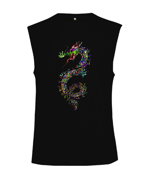 Tisho - Renkli Fantastik Güçlü Ejderha Siyah Kesik Kol Unisex Tişört