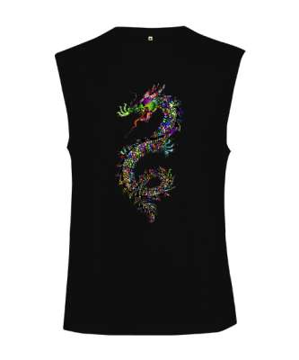 Renkli Fantastik Güçlü Ejderha Siyah Kesik Kol Unisex Tişört - Tisho