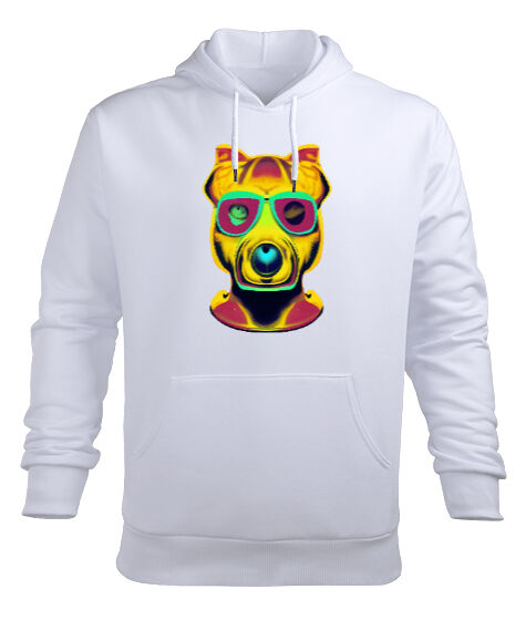 Tisho - Renkli gözlüklü havalı köpek Beyaz Erkek Kapüşonlu Hoodie Sweatshirt