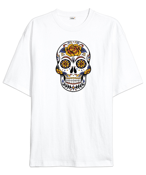 Tisho - Renkli Gülen Komik Kurukafa Ve Çiçekler Beyaz Oversize Unisex Tişört