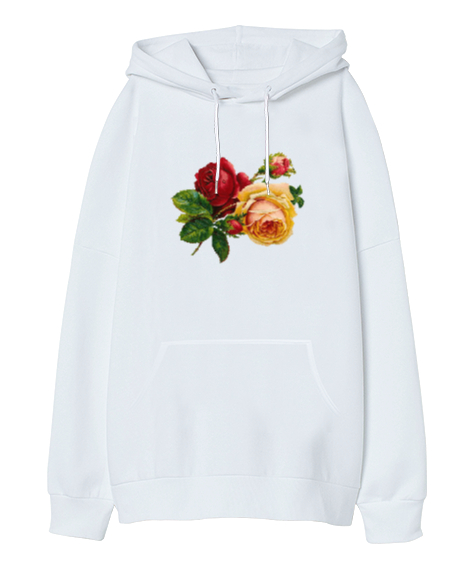Tisho - Renkli Güller - Roses Beyaz Oversize Unisex Kapüşonlu Sweatshirt