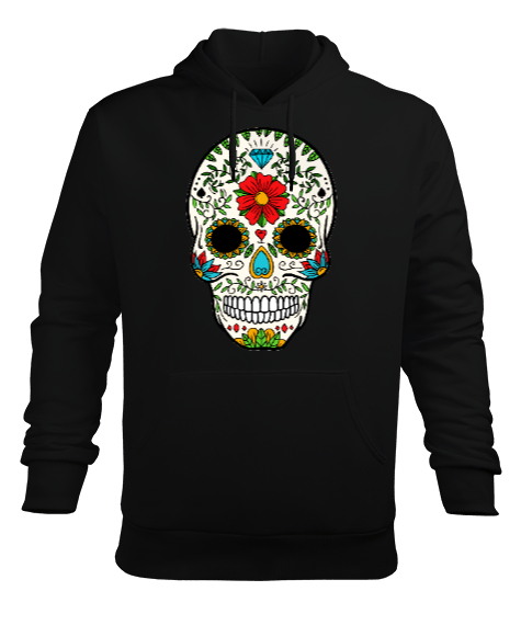 Tisho - Renkli Kafatası Siyah Erkek Kapüşonlu Hoodie Sweatshirt