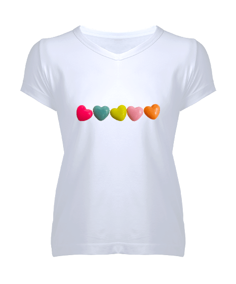 Tisho - Renkli Kalpler Desenli Kadın V Yaka Tişört