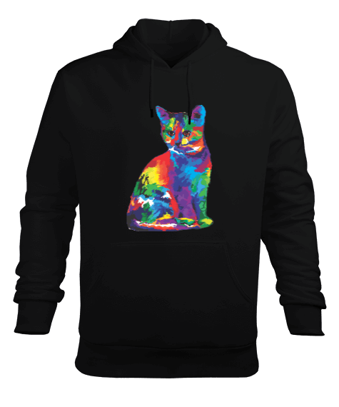 Tisho - Renkli Kedi Baskılı Erkek Kapüşonlu Hoodie Sweatshirt