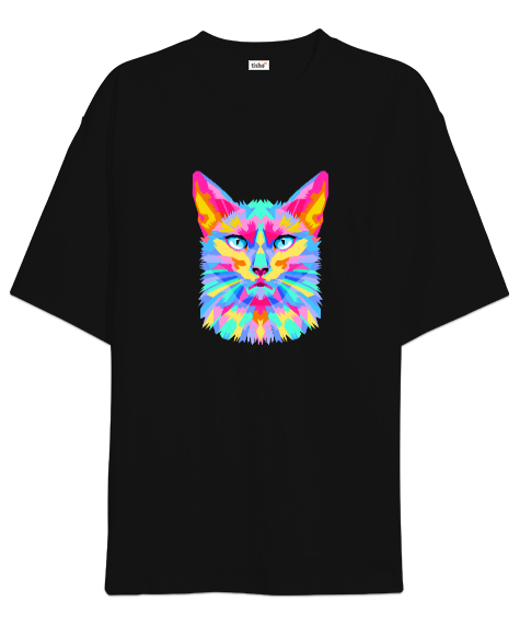Tisho - Renkli Kedi Baskılı Siyah Oversize Unisex Tişört