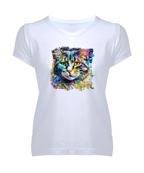 Tisho - Renkli Kedi Beyaz Kadın V Yaka Tişört