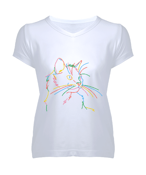 Tisho - Renkli Kedi Desenli Kadın V Yaka Tişört