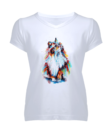 Tisho - Renkli Kedi Kadın V Yaka Tişört