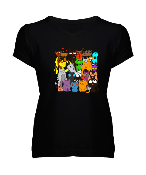 Tisho - Renkli Kedicikler Siyah Kadın V Yaka Tişört