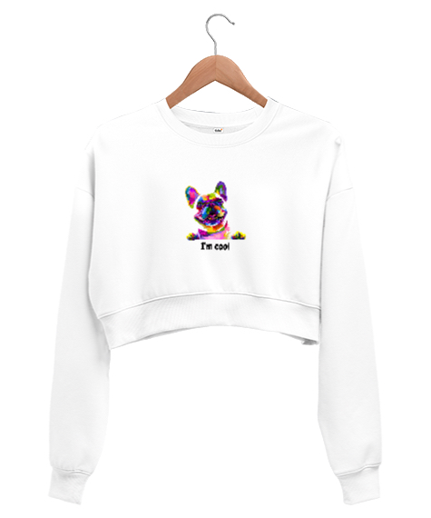 Tisho - Renkli köpek tasarımlı Beyaz Kadın Crop Sweatshirt