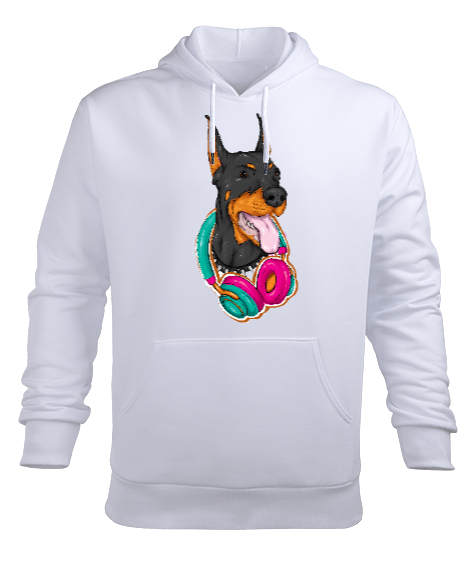 Tisho - Renkli Kulaklıklı Müzik Dinleyen Sempatik Doberman Köpek Beyaz Erkek Kapüşonlu Hoodie Sweatshirt