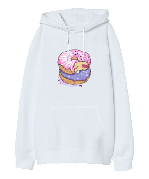 Tisho - Renkli lezzetli ısırılmış donutlar Beyaz Oversize Unisex Kapüşonlu Sweatshirt