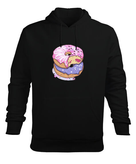 Tisho - Renkli lezzetli ısırılmış donutlar Siyah Erkek Kapüşonlu Hoodie Sweatshirt