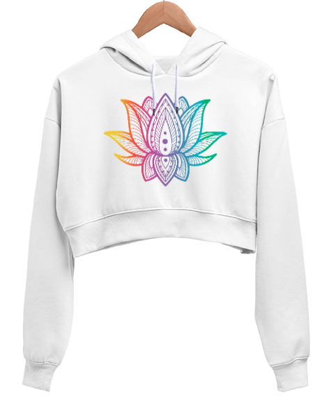 Tisho - Renkli Lotus Beyaz Kadın Crop Hoodie Kapüşonlu Sweatshirt