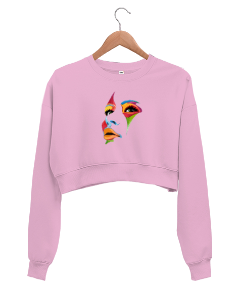 Tisho - Renkli Portre Pembe Kadın Crop Sweatshirt