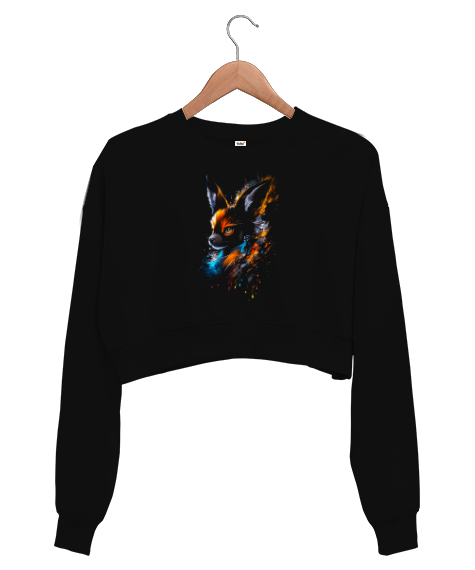 Tisho - Renkli Sevimli Hayvan Siyah Kadın Crop Sweatshirt