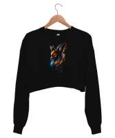 Renkli Sevimli Hayvan Siyah Kadın Crop Sweatshirt - Tisho