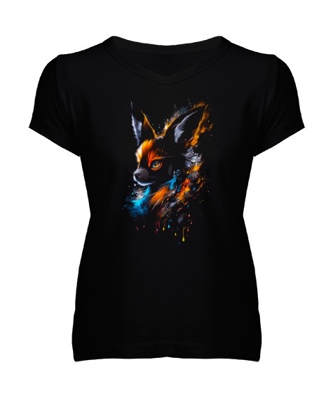 Tisho - Renkli Sevimli Hayvan Siyah Kadın V Yaka Tişört