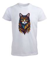 Renkli Sevimli Kedi Beyaz Erkek Tişört - Tisho