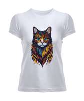 Renkli Sevimli Kedi Beyaz Kadın Tişört - Tisho